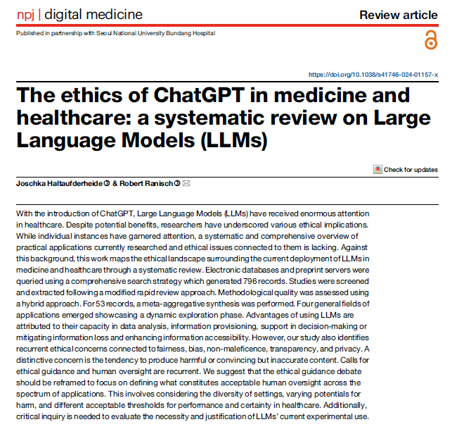 npj Digital Medicine (@npjdigitalmed) on Twitter photo We love nothing more than a good author thread on their paper!
Here is <a href="/JoschkaHalt/">Joschka Haltaufderheide</a> describing his paper with <a href="/RobRanisch/">@robranisch.bsky.social</a> discussing the ethical landscape surrounding the current deployment of LLMs in medicine and healthcare.
nature.com/articles/s4174… We love nothing more than a good author thread on their paper!
Here is <a href="/JoschkaHalt/">Joschka Haltaufderheide</a> describing his paper with <a href="/RobRanisch/">@robranisch.bsky.social</a> discussing the ethical landscape surrounding the current deployment of LLMs in medicine and healthcare.
nature.com/articles/s4174…