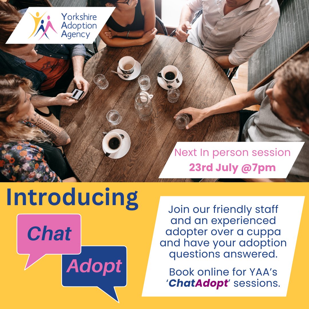 Y_Adopt's tweet image. ChatAdopt in person session - 23rd July @ 7pm in #Doncaster
Meet our friendly team &amp;amp; a real adopter to talk all things adoption. These sessions are for anyone interested in adoption for the future, wishing to start now or just researching. Book on our website or call 01302 638337