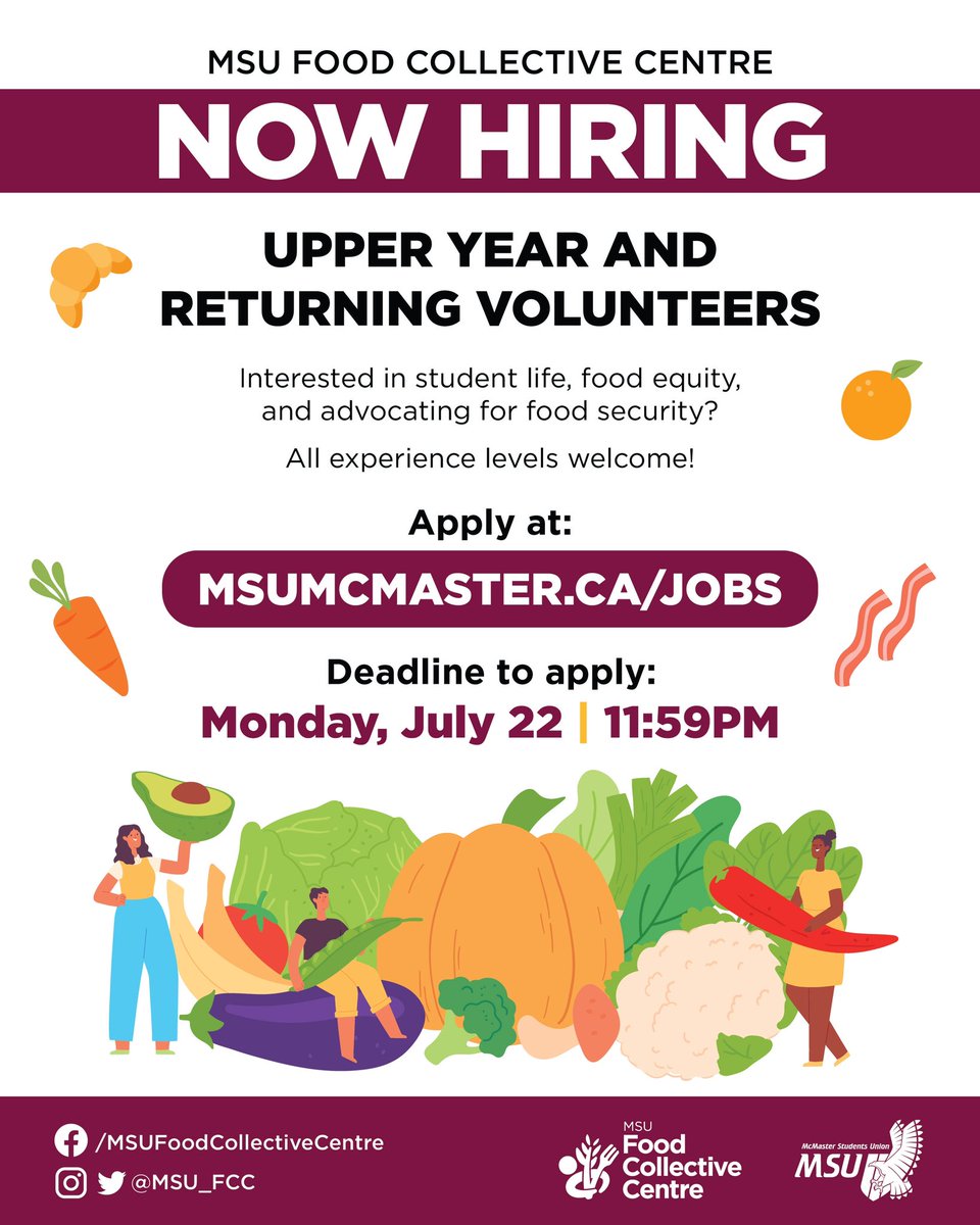 MSU Food Collective Centre (@msu_fcc) on Twitter photo 🤩 FCC Volunteer applications are open  for returning volunteers and upper year students (2nd year+).
No previous experience with the MSU is needed. 🤩
Check out the LinkTree in our bio for the application! Deadline is July 22 at 11:59pm EST. 🤩 FCC Volunteer applications are open  for returning volunteers and upper year students (2nd year+).
No previous experience with the MSU is needed. 🤩
Check out the LinkTree in our bio for the application! Deadline is July 22 at 11:59pm EST.