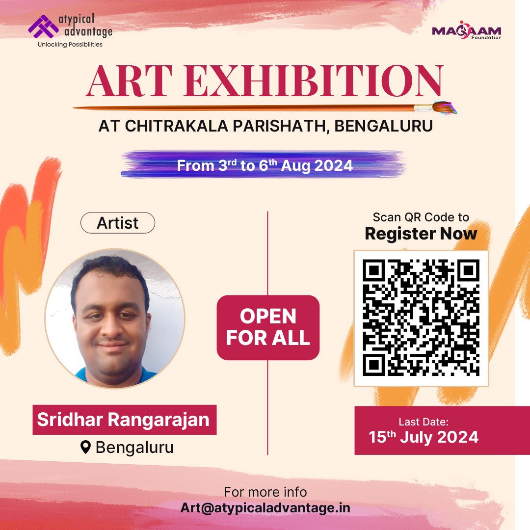 🎨✨*CALL FOR ARTISTS*✨🎨

Join us for a Group Art Exhibition at Karnataka Chitrakala Parishath, Bengaluru!

📅 Exhibition Dates: 3rd August to 6th August 2024

Registration link: *t.ly/KtMjr*