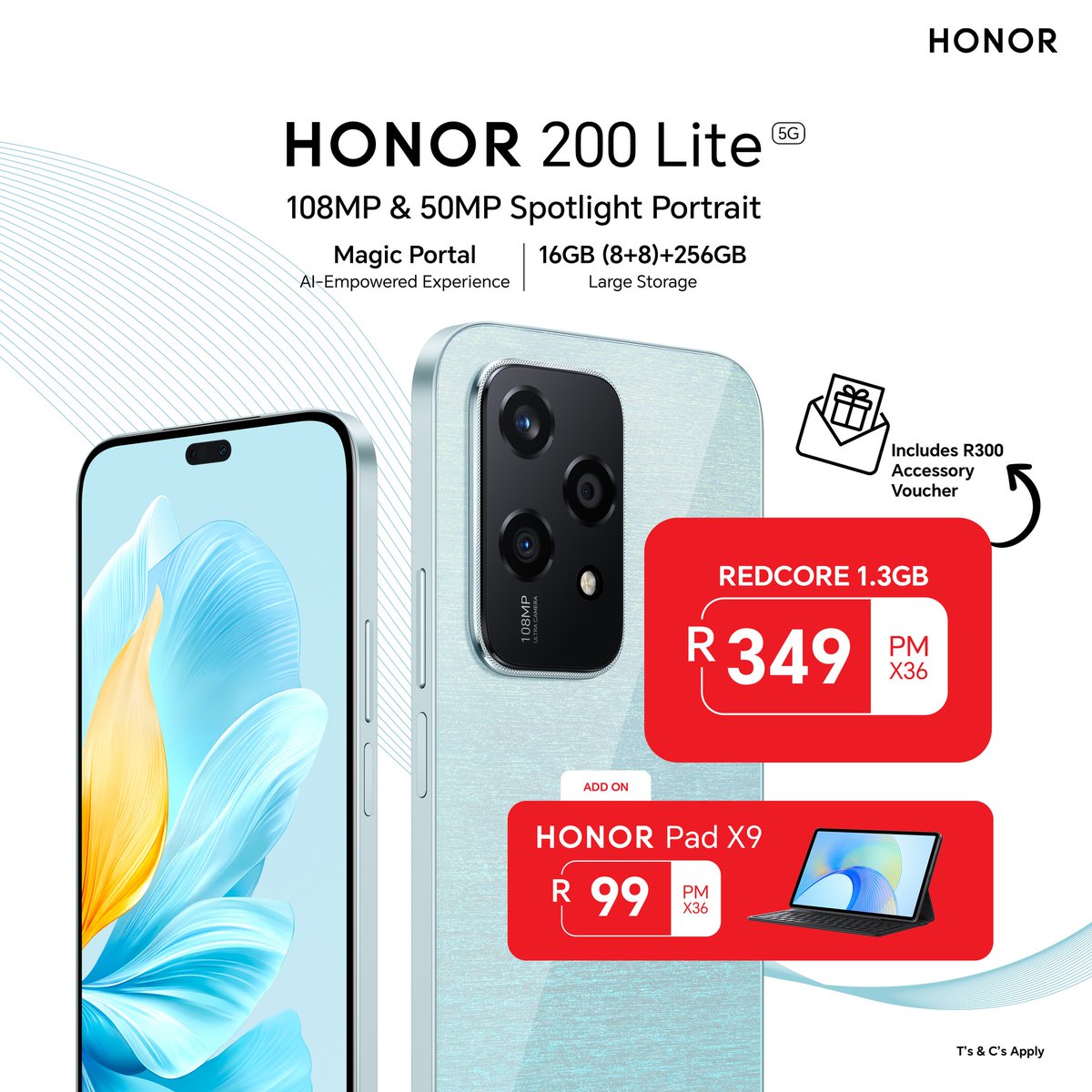 HonorAfrica's tweet photo. UNBEATABLE DEAL ALERT 🚨

Get your hands on the #HONOR200Lite and enjoy a sleek and powerful smartphone with cutting edge features, with a R300 accessory voucher 😍

Don't miss out on this incredible deal 👀

#HONOR200Series https://t.co/c7IxBQ1RGm