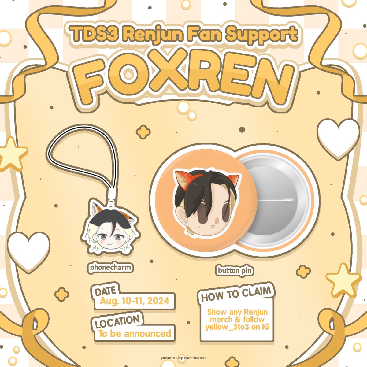 ultmzen's tweet photo. '*•.¸♡ FOXREN  ♡¸.•*'

Aug. 10 - 11, 2024
location TBA

#RENJUN tds3 manila renjun fansupport by @ultmzen  🦊 

how to claim:
Show any renjun merch and follow yellow_3to3 on ig 🦊🫶

button pin art by: @kloud_cart 
pubmat by: @markcouvr https://t.co/weJXSz9OUH