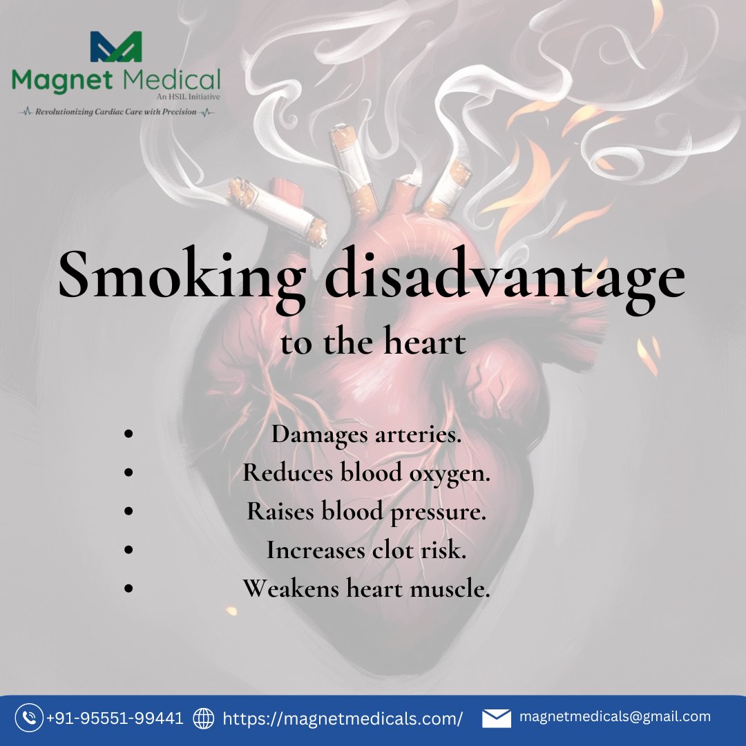 MacvicMagnet's tweet image. Explore how smoking silently harms your heart, increasing risks of disease, clots, and high blood pressure.

Contact us: +919555199441
Website: magnetmedicals.com

#magnetmedical #QuitSMOKING  #smokingcrack  #makeyourmove