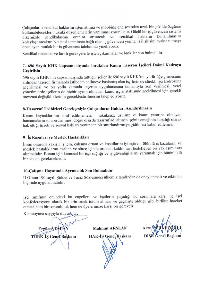 HAK-İŞ, TÜRK-İŞ VE DİSK’TEN ÜCRETLERDEKİ AĞIR VERGİ YÜKÜ VE ENFLASYONLA MÜCADELE BAŞTA OLMAK ÜZERE ÇALIŞMA HAYATINA İLİŞKİN TALEP VE ÖNERİLERİN SUNULDUĞU ORTAK BİLDİRİ