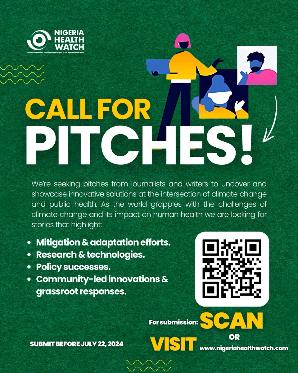 nighealthwatch's tweet photo. 📢 Call for Pitch Submission - Journalists and Writers!

We are seeking pitches that uncover innovative solutions at the intersection of climate change and public health. From policy innovations to community-led initiatives, we want stories that make an impact.

Selected entries will be showcased at our 2024 Future of Health Conference.

Submit entry here: https://t.co/LLxjHOruxZ
#ClimateHealthNexusNG