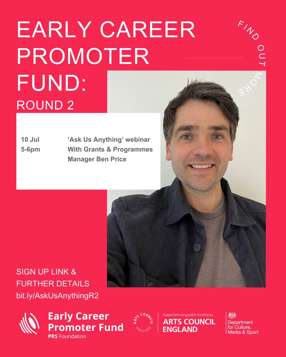 PRS Foundation (@prsfoundation) on Twitter photo Round 2 of The Early Career Promoter Fund open for application 📢
Find about more in our ‘Ask Us Anything’ webinar w/ Grants & Programmes Manager Ben Price <a href="/Benj_Price/">Ben Price</a> on 10 Jul 5-6pm <a href="/ace_national/">Arts Council England</a> <a href="/DCMS/">Department for Culture, Media and Sport</a> - sign up at the link ⬇️
bit.ly/AskUsAnythingR2 Round 2 of The Early Career Promoter Fund open for application 📢
Find about more in our ‘Ask Us Anything’ webinar w/ Grants & Programmes Manager Ben Price <a href="/Benj_Price/">Ben Price</a> on 10 Jul 5-6pm <a href="/ace_national/">Arts Council England</a> <a href="/DCMS/">Department for Culture, Media and Sport</a> - sign up at the link ⬇️
bit.ly/AskUsAnythingR2