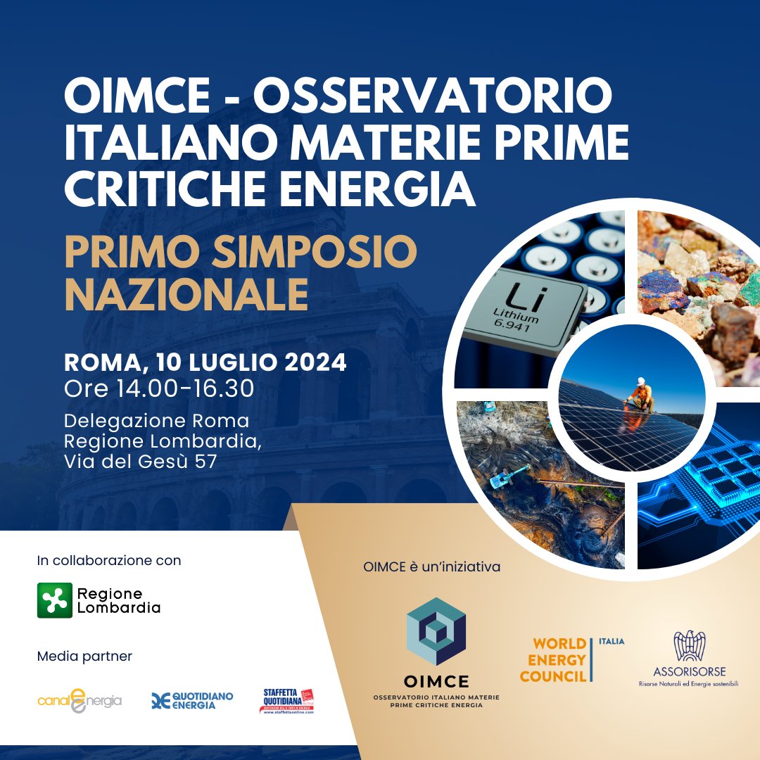 Vi aspettiamo domani a Roma per il Primo Simposio Nazionale #OIMCE sulle Materie Prime Critiche per la transizione energetica

Puoi seguire l'evento anche in streaming!
Programma e iscrizioni 👉 lnkd.in/dcZh4Rhs

#materieprime #riciclo #miniere #crm #rawmaterials #Energia