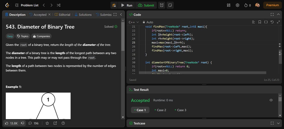 Srinath47902542's tweet image. Day 46 of #100DayCodingChallenge: Solved two problems:
1. Diameter of Binary Tree
2. Linked List of Strings from a Palindrome.
Excited to continue this coding journey! #CodeNewbie #LeetCode