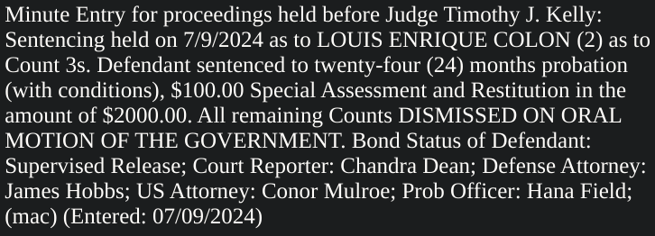 sfoguj's tweet photo. SENTENCING: Proud Boy Louis Colon sentenced to 2 years probation, which was the govt ask. https://t.co/SXwOT4BVDf