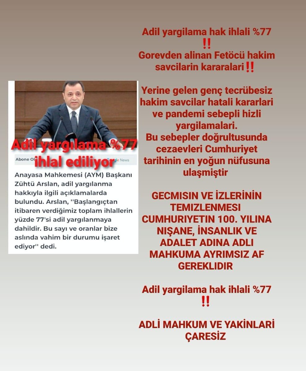 Adil Yargılanmamış,Delilsiz Şekilde Kanaatle, Beyanla, Talimatla Ceza Almış 
Suçsuz Yatan Binlerce Masumun Özgürlüğü İçin👍 

🇹🇷 Affet Türkiyem 🇹🇷
<a href="/RTErdogan/">Recep Tayyip Erdoğan</a> <a href="/yilmaztunc/">Yılmaz TUNÇ</a> <a href="/eczozgurozel/">Özgür Özel</a> <a href="/M_Sarigul/">Mustafa Sarıgül</a>
<a href="/chptbmm/">CHP TBMM Grup Başkanlığı</a> <a href="/AKPartiTBMMGrup/">TBMM AK Parti Grup Başkanlığı</a>
<a href="/TBMMGenelKurulu/">TBMM Genel Kurulu</a> <a href="/iletisim/">T.C. İletişim Başkanlığı</a>