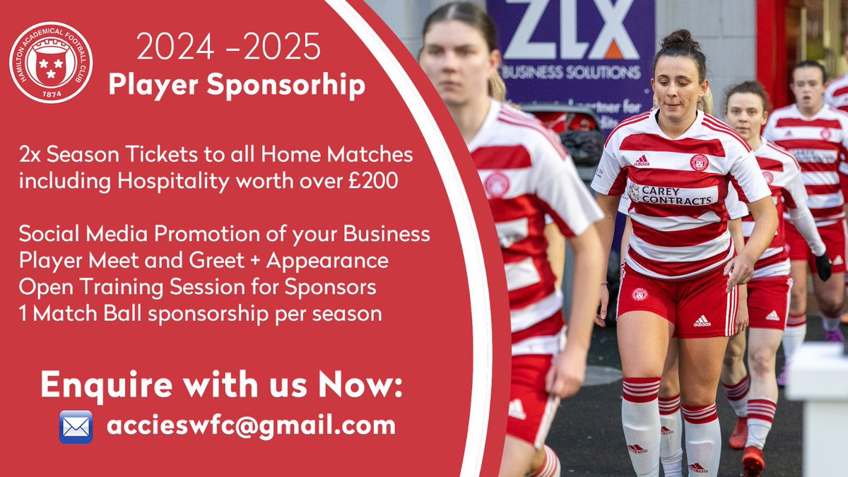 Hamilton Academical Womens Football Club (@accieswfc) on Twitter photo 🆕 24/25 Player Sponsorship
✅ Sponsor your favourite player
🤝 Supporting the Club + Squad
📧 accieswfc@gmail.com
Bespoke sponsorships offered, enquiries via email. 🆕 24/25 Player Sponsorship
✅ Sponsor your favourite player
🤝 Supporting the Club + Squad
📧 accieswfc@gmail.com
Bespoke sponsorships offered, enquiries via email.