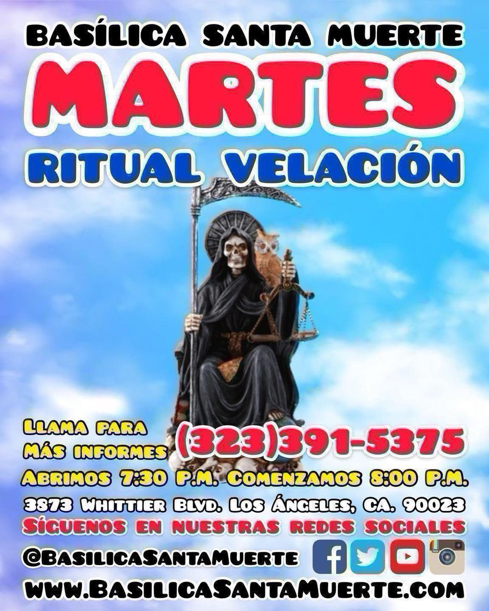 BasilicaSantaM's tweet photo. RITUAL DE VELACIÓN 

MARTES DE 9 DE JULIO 

Puedes adquirir tu veladora a través de nuestra página web:

https://t.co/QXvbGurMut
 
Llama para más informes al (323)391-5375 

#basilicasantamuerteusa #holydeathchurchusa #basilicasantamuerte #holydeathchurch https://t.co/XuNUWkBaku