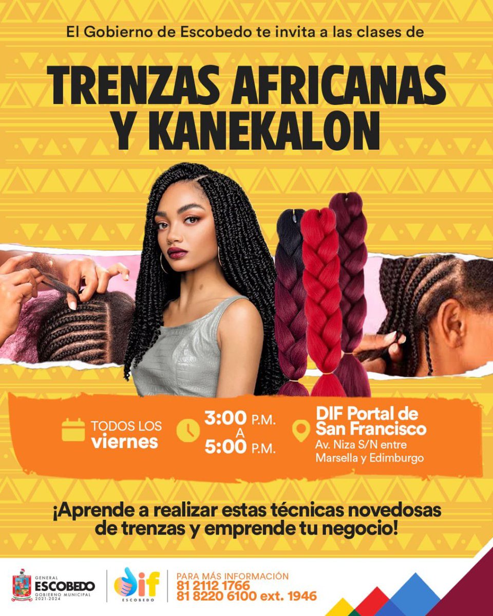 ➡️ Taller de Autoempleo: Trenzas Africanas y Kanekalon 👩🏻‍🦱

¡Aprende la técnica para este peinado, y emprende tu negocio! 

🗓️ Viernes 
📍 DIF Portal de San Francisco 
⏰ 3:00 p.m. a 5:00 p.m.