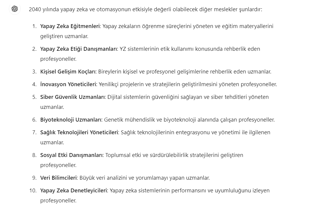 YGelistiriciler's tweet photo. Yapay Zeka'ya göre gelecekte en değerli meslek Yapay Zeka ve Etik Uzmanları olucak. Resimde gelecekte en değerli olması tahmin edilen meslekler var ⤵️ https://t.co/gzL5OG0SzR