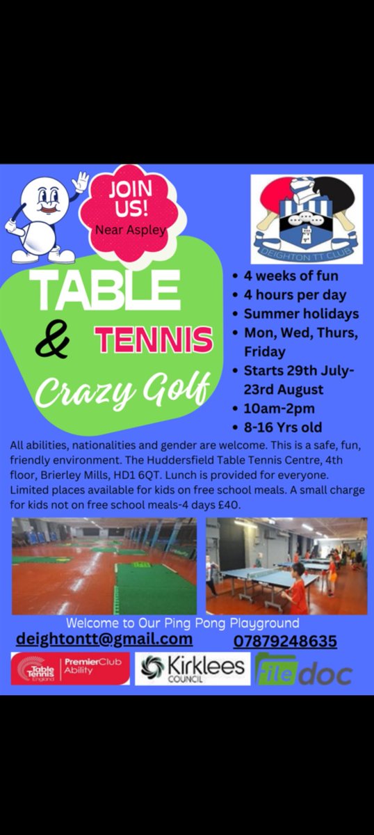 Deighton Table Tennis Summer HAF Camp
<a href="/AshbrowSchool/">AshbrowSchool</a> <a href="/Cyouthcic/">Conscious Youth CIC</a> <a href="/HonleyHighUK/">Honley High School</a> @LindleyJS @NHTSchool <a href="/oc_kirklees/">One Community</a> <a href="/tslkirklees/">Third Sector Leaders Kirklees</a> <a href="/KMSchool/">Kirkburton Middle School</a> <a href="/ScissettMiddle/">Scissett Middle School</a> <a href="/NLCSports/">NLC Sports</a> <a href="/PennineSSP/">Pennine Partnership</a> <a href="/fixbyschool/">fixbyj&ischool</a> <a href="/mountpljuniors/">Mount Pleasant Junior School</a> <a href="/cvhspe/">CVHS PE</a> <a href="/CrossHeathSport/">Crossley Heath Sport</a> <a href="/BBGAcademy/">BBG Academy</a> <a href="/RastrickHigh/">Rastrick High School</a>