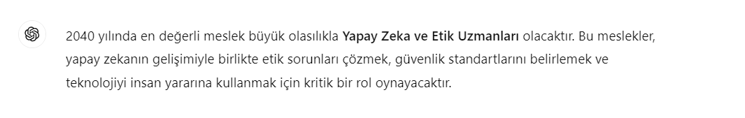 YGelistiriciler's tweet photo. Yapay Zeka'ya göre gelecekte en değerli meslek Yapay Zeka ve Etik Uzmanları olucak. Resimde gelecekte en değerli olması tahmin edilen meslekler var ⤵️ https://t.co/gzL5OG0SzR