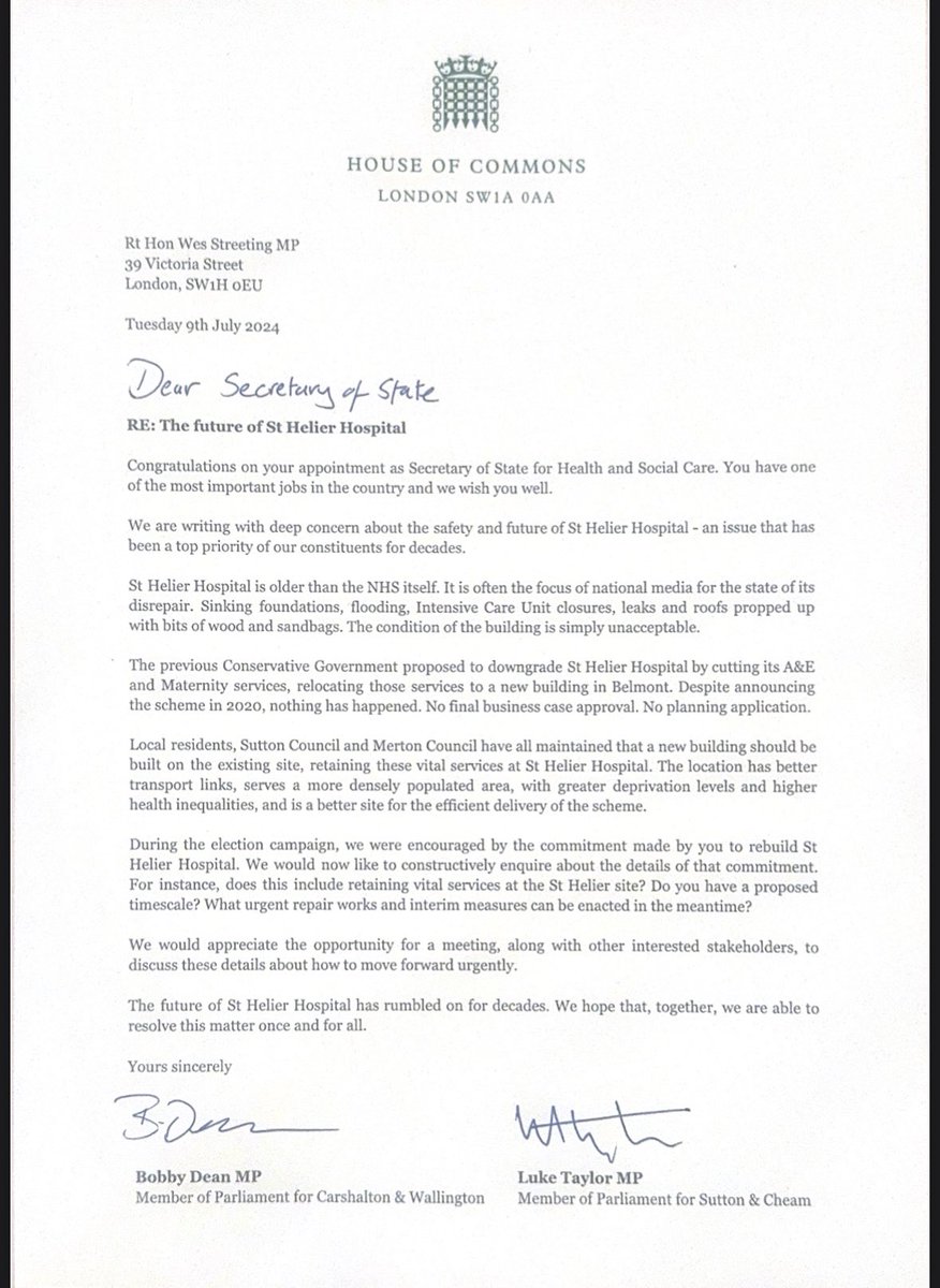 Bobby_Dean's tweet photo. My first action as MP for Carshalton and Wallington is to write to the Health Secretary about the future of St Helier Hospital. 

It's your top priority - and it's mine too. https://t.co/P7EGBJ72vR