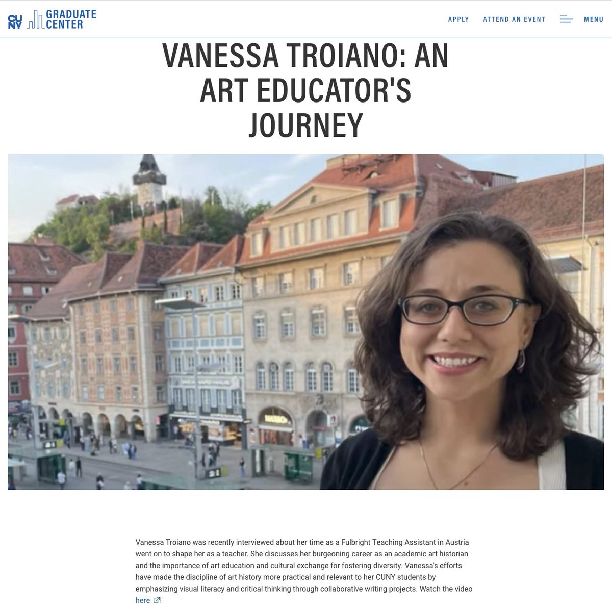 Vanessa S. Troiano (@vanessastroiano) on Twitter photo 🌟Many thanks <a href="/GC_CUNY/">The Graduate Center</a> for spotlighting my recent <a href="/Fulbright_AUT/">Fulbright Austria</a> interview!🌟
In the video, I reflect on how my experience serving as a #USTA with #FulbrightAustria shaped my career as an #ArtHistorian and #educator <a href="/CUNY/">The City University of New York</a> 👩🏫🖼️
link: gc.cuny.edu/vanessa-troian… 🌟Many thanks <a href="/GC_CUNY/">The Graduate Center</a> for spotlighting my recent <a href="/Fulbright_AUT/">Fulbright Austria</a> interview!🌟
In the video, I reflect on how my experience serving as a #USTA with #FulbrightAustria shaped my career as an #ArtHistorian and #educator <a href="/CUNY/">The City University of New York</a> 👩🏫🖼️
link: gc.cuny.edu/vanessa-troian…