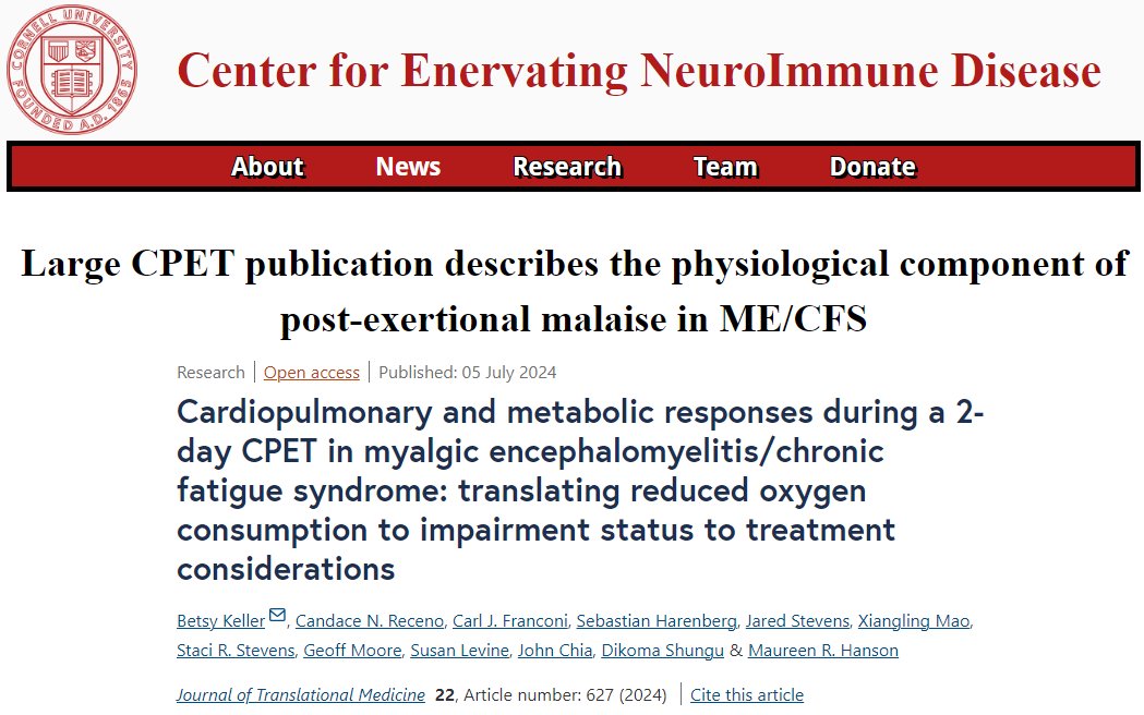 CornellMECFS's tweet image. Check out our website's news feed (link below) for a post regarding the recent #MECFS #CPET paper by Betsy Keller et al. out in the Journal of Translational Medicine. 👉neuroimmune.cornell.edu/news/