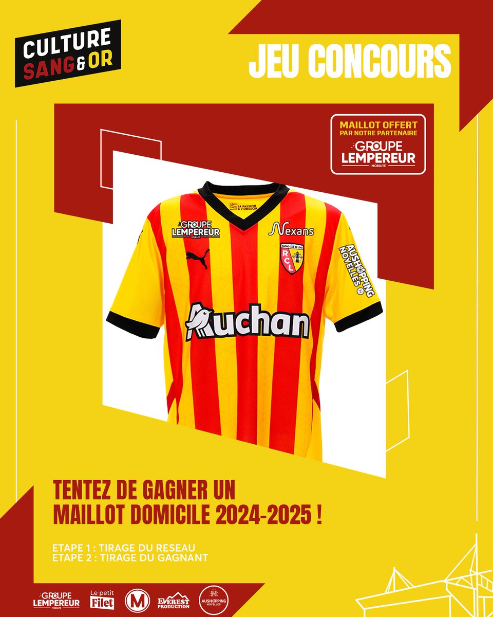 [Jeu concours | 🎁]

Pour lancer la nouvelle saison, notre partenaire le <a href="/GroupeLempereur/">Groupe Lempereur</a> vous fait gagner un maillot domicile 2024/25 !

Pour participer :
➡️ Suivez <a href="/CultureSangEtOr/">Culture Sang&Or</a>
➡️ RT + mentionnez un ami en commentaire

🏆 TAS &amp; annonce du gagnant le 13/07/2024

#RCLens 🔴🟡
