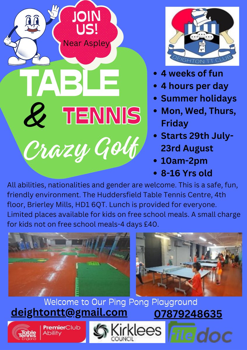 Deighton Table Tennis Summer HAF Camp <a href="/PudseyTTC/">PudseyTTC</a> <a href="/KeighleyTT/">Table Tennis Centre</a> <a href="/Bradfordttc1/">Bradfordttc</a> <a href="/HeckGrammar/">Heckmondwike Grammar School</a> <a href="/halifaxTTC/">Halifax TTC</a> <a href="/NHGS/">North Halifax Grammar School</a>