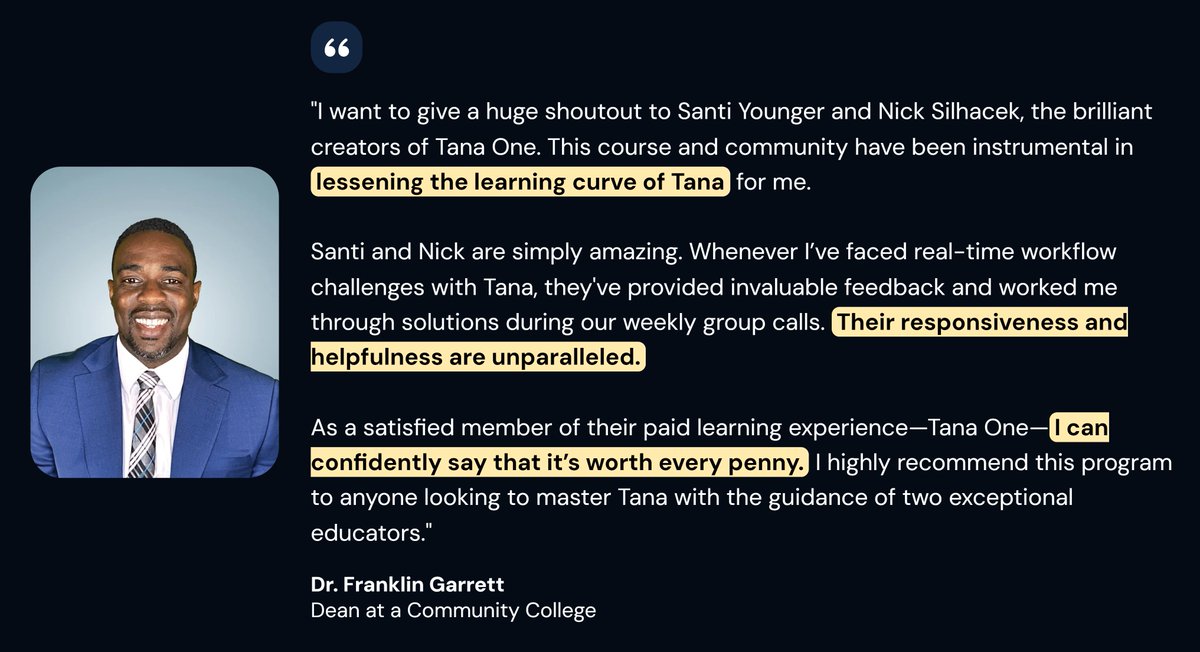 The price of our Tana One course is going up this Friday! Lock in this early rate.

Take a look at this screenshot 📸 to see what our students are saying!

Link to the course below this tweet👇