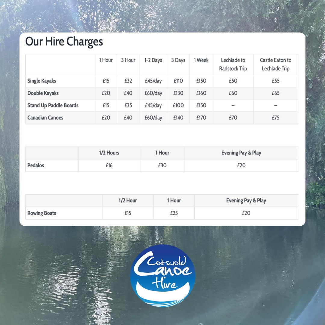 canoethethames's tweet image. 🫶 We love a walk in, in fact, keeping it relaxed is what we’re all about here at Cotswold Canoe Hire, so why not bookmark this post and then you’ll always have our rate card handy.
👋 Drop in and say hi(re)!
#canoehire #canoethethames #SUPhire