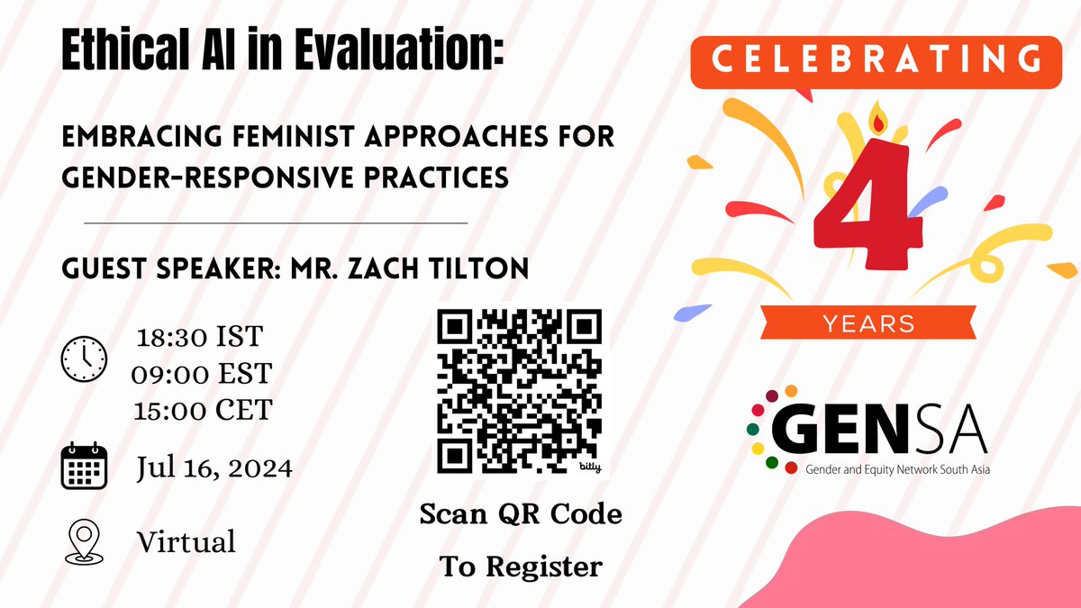 🌟 Celebrate 4 Years of GENSA &amp; Explore Ethical AI in Gender-Responsive Evaluation!🌟

📅 Date: July 16, 2024

🕕 Time: 6:30 PM IST

📍   Location: Virtual

🎤Guest Speaker: Zach Tilton

Register Now: bit.ly/4caKRVu

#GENSA #Evaluation #GenderEquality #AI