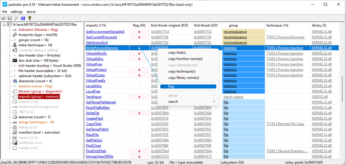 ochsenmeier's tweet image. When using #pestudio, one can customize the indicators by toggling the "flag" status of the imports...
#malware #dfir #infosec