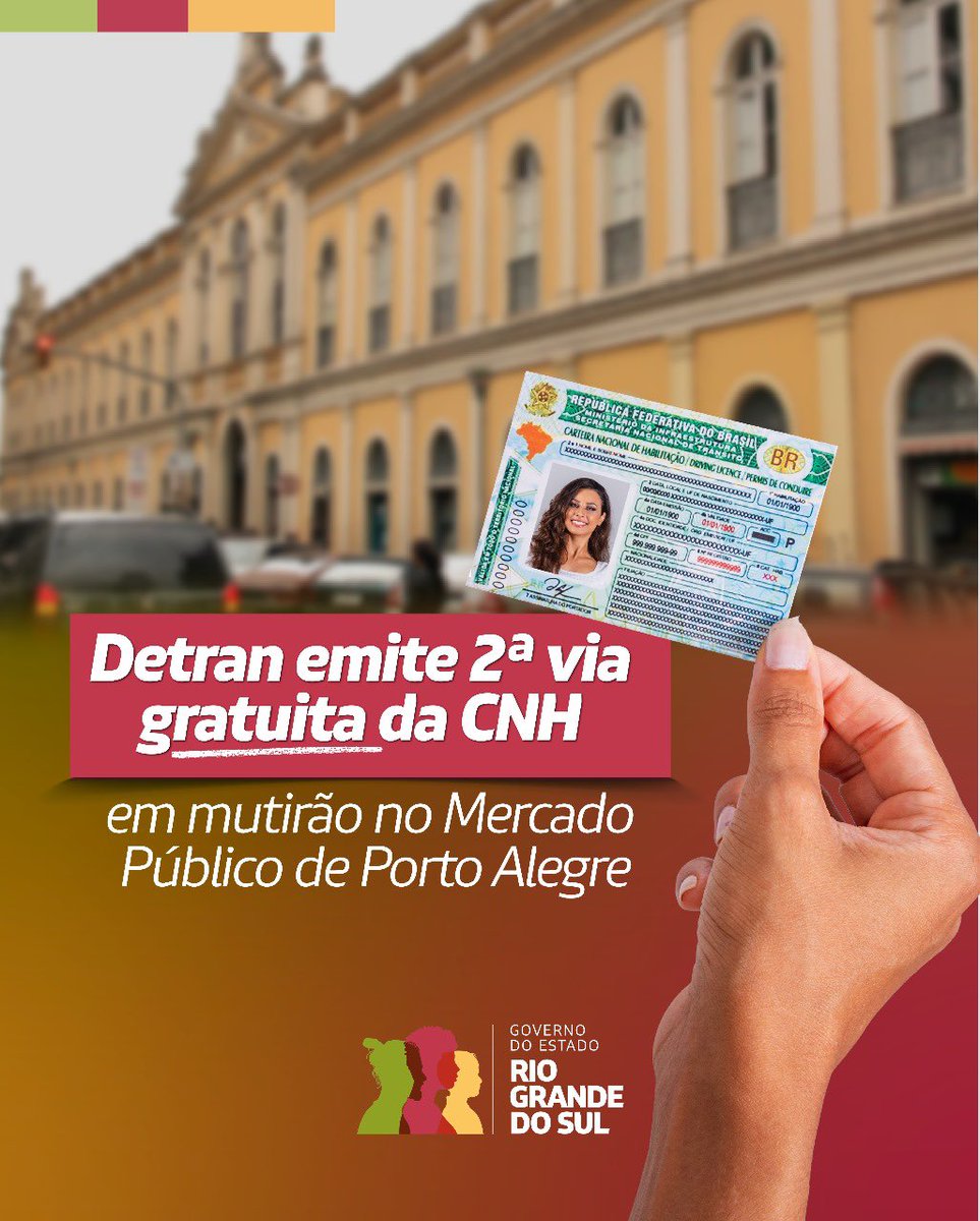 É de graça! ✅
O Detran RS tá realizando a emissão gratuita da 2ª via da #CNH para os atingidos pelas enchentes. O mutirão acontece nesta terça (9) e quarta (10), das 10h às 17h, no Mercado Público de Porto Alegre.
