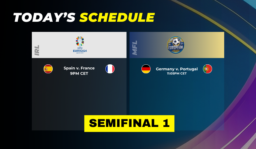 playMFL's tweet photo. Big day in the #Euro2024 and #EC24 as the first semifinal is set to take place!
Spain take on France over in Munich, while the two teams they eliminated IRL battle it out in the Metastadium.
Germany - Portugal, live at 11PM CET
👉 https://t.co/7jN7k2wxxC https://t.co/iPVnYZJZ9S