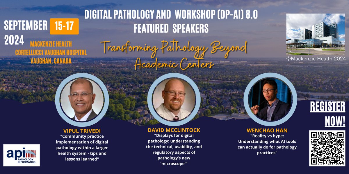 Space is limited for DP-AI 8.0, September 15-17, 2024, at Mackenzie Health, Vaughan, Canada, so register today!  Don't miss out on cutting edge lectures, vendor talks and demos, and a tour of a state of the art digital pathology lab! tinyurl.com/DPAI2024