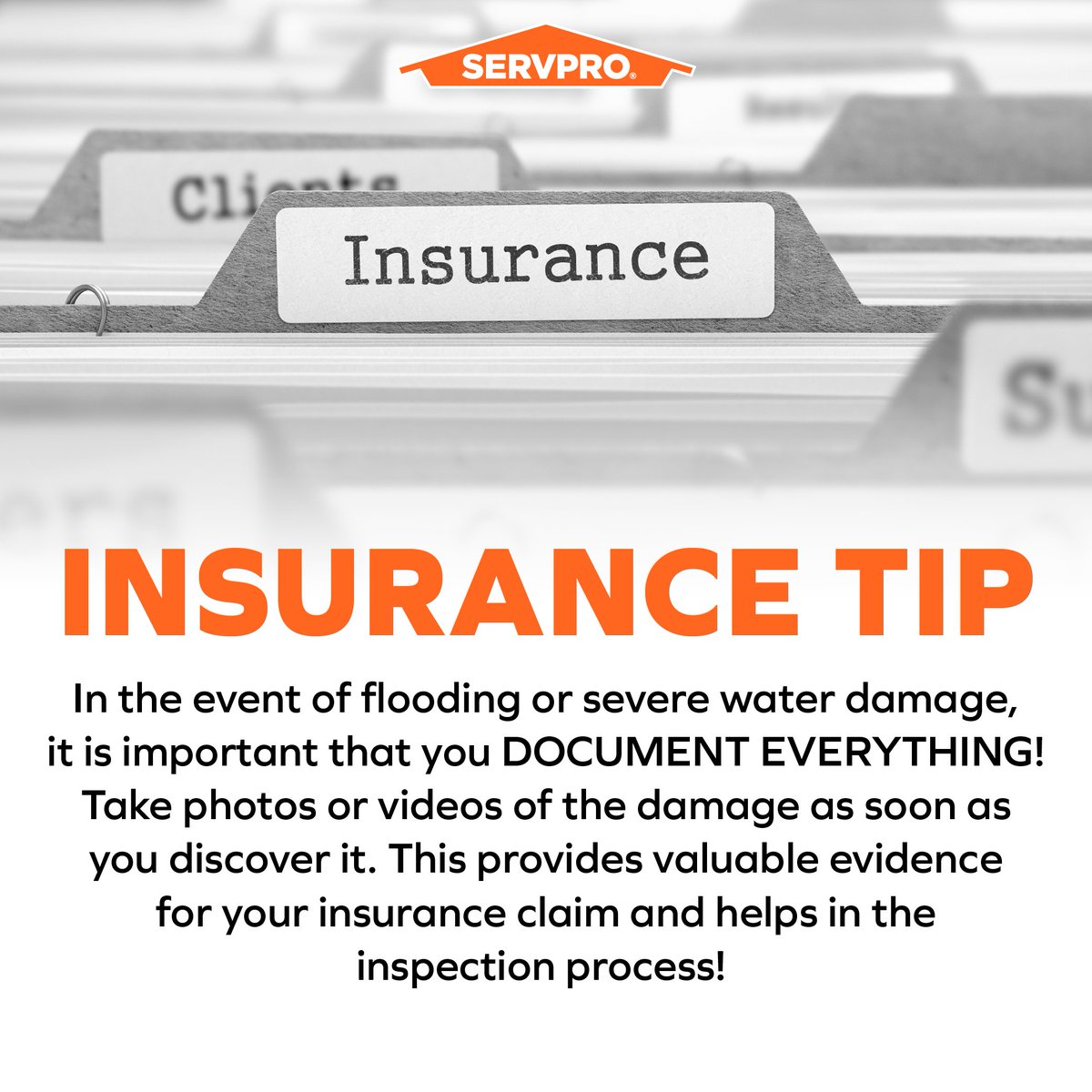 Insurance Tip: In the event of flooding or severe water damage, it is important that you DOCUMENT EVERYTHING! Take photos or videos of the damage as soon as you discover it. This provides valuable evidence for your insurance claim and helps in the inspection process!
