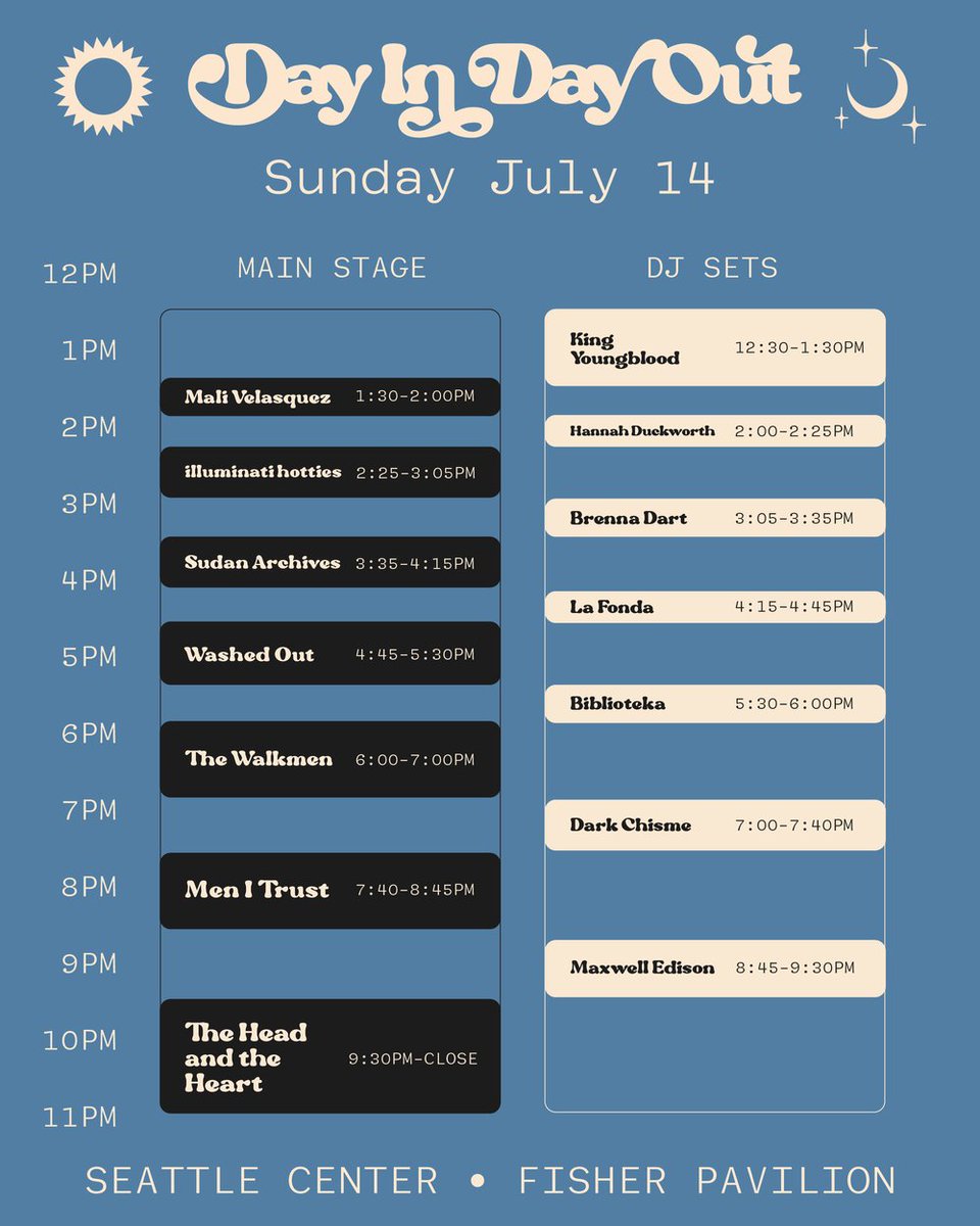 Check out the schedule for Day In • Day Out at Fisher Pavilion this weekend! Featuring DJ sets by Seattle's best local artists and live performances from The Head and the Heart, Bleachers, Carly Rae Jepsen, and more. 

Tix: dayindayoutfest.com/home 

<a href="/dayindayoutfest/">DayInDayOutFest</a>