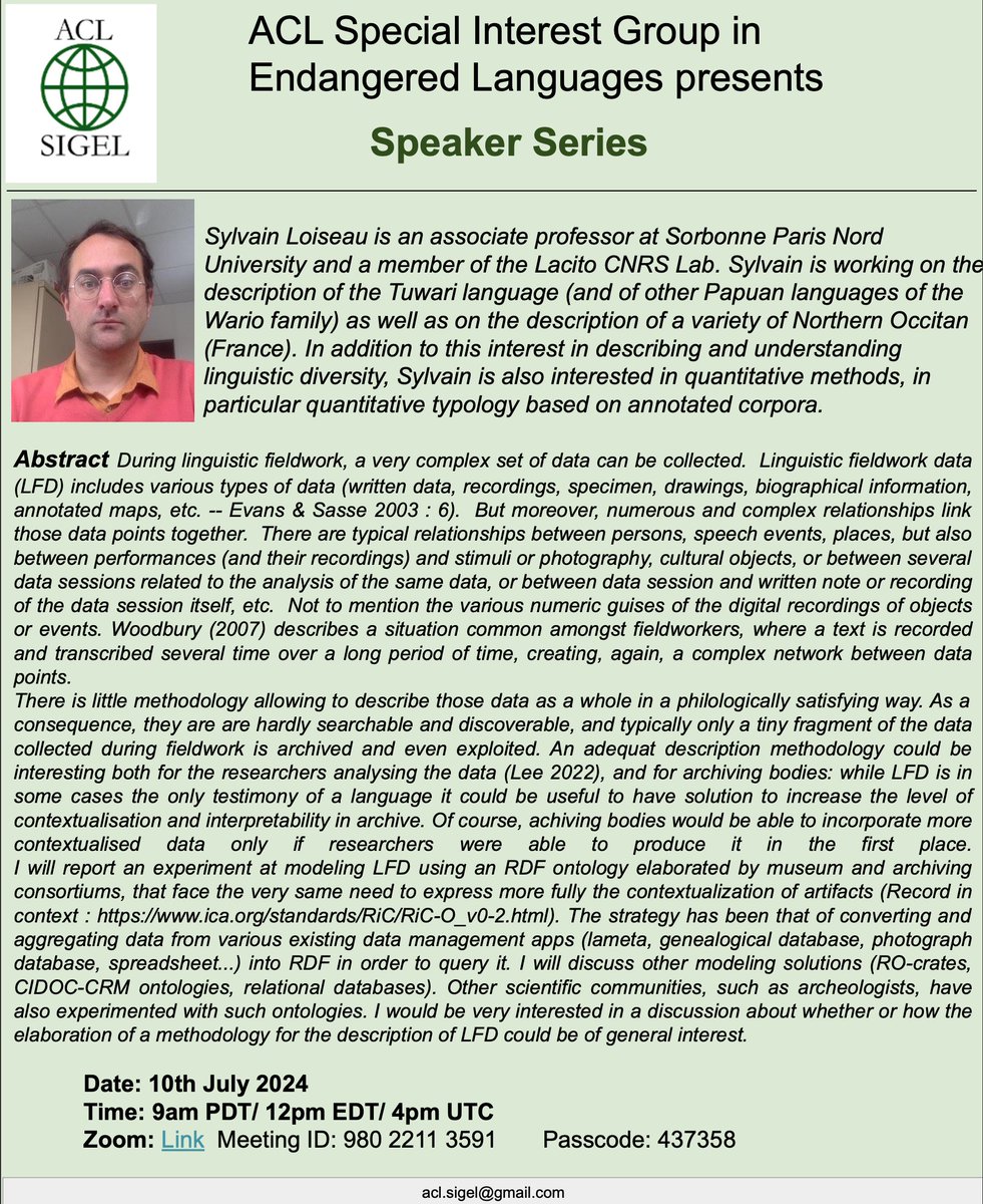 ✨✨✨ New talk tomorrow by Sylvain Loiseau describing the modeling techniques of linguistic fieldwork data.

Talk details in the poster!

See you all!