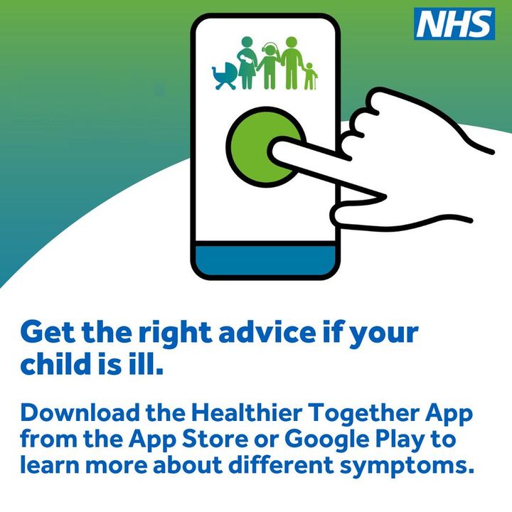 Get the right advice if your child is ill. Download the Healthier Together app.

You can check symptoms in the app with: 

📷 Clear images
🚦 Traffic light system
✔️ Yes or no answers
ℹ️ Advice on what to do

Visit the website for more information - what0-18.nhs.uk h