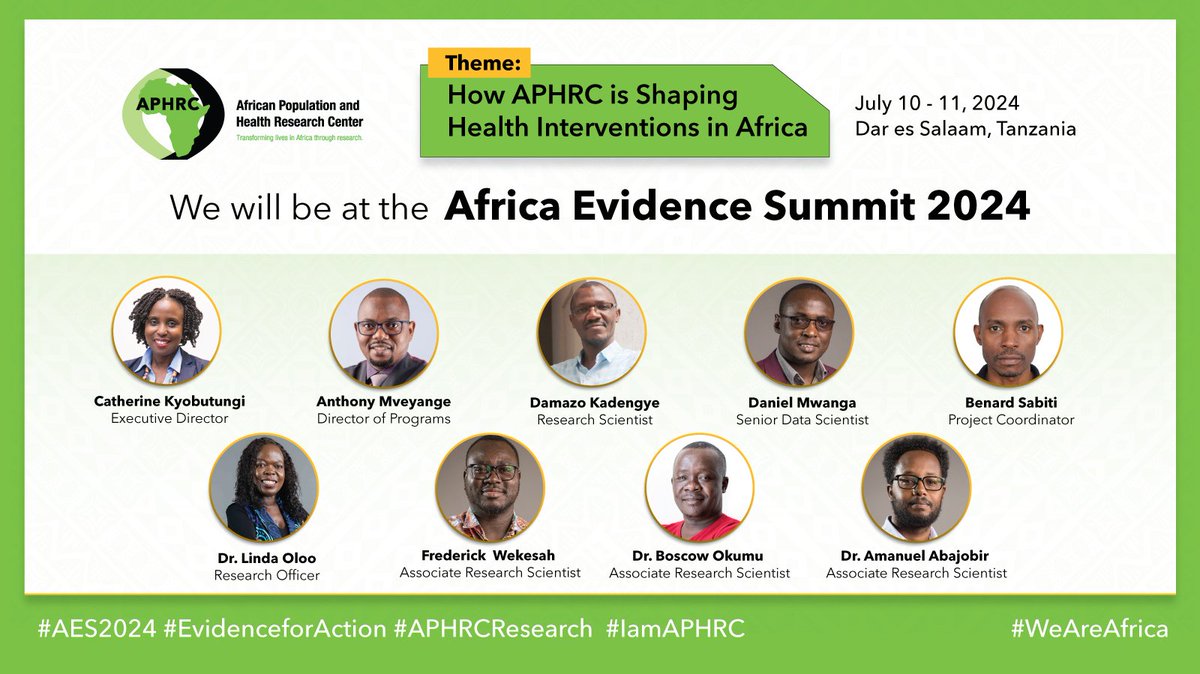 We are participating in the 2024 Africa Evidence Summit. Look out for our expert presentations focusing on how APHRC is shaping health interventions in Africa through evidence.

#IamAPHRC #WeAreAfrica #APHRCResearch  #EvidenceForAction