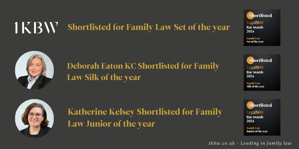 We are delighted that <a href="/1kbwChambers/">1KBW Chambers</a> has been shortlisted for Family Law Set of the Year, Deborah Eaton KC has been shortlisted for Family Law Silk of the Year and <a href="/KelseyKatherine/">Katherine Kelsey</a> has been shortlisted for Family Law Junior of the Year at <a href="/thelegal500/">The Legal 500</a> Bar Awards 2024.