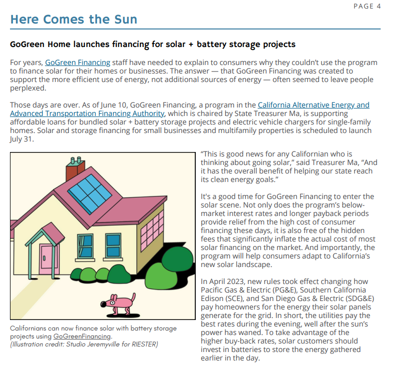 CAEATFA's tweet photo. ICYMI, @GGFinancing is now offering affordable financing for solar + battery storage! 🌞Read about it on page 4 of @CalTreasurer's July newsletter: https://t.co/PR9Rl1NtbM https://t.co/MZ0WX4G3v7