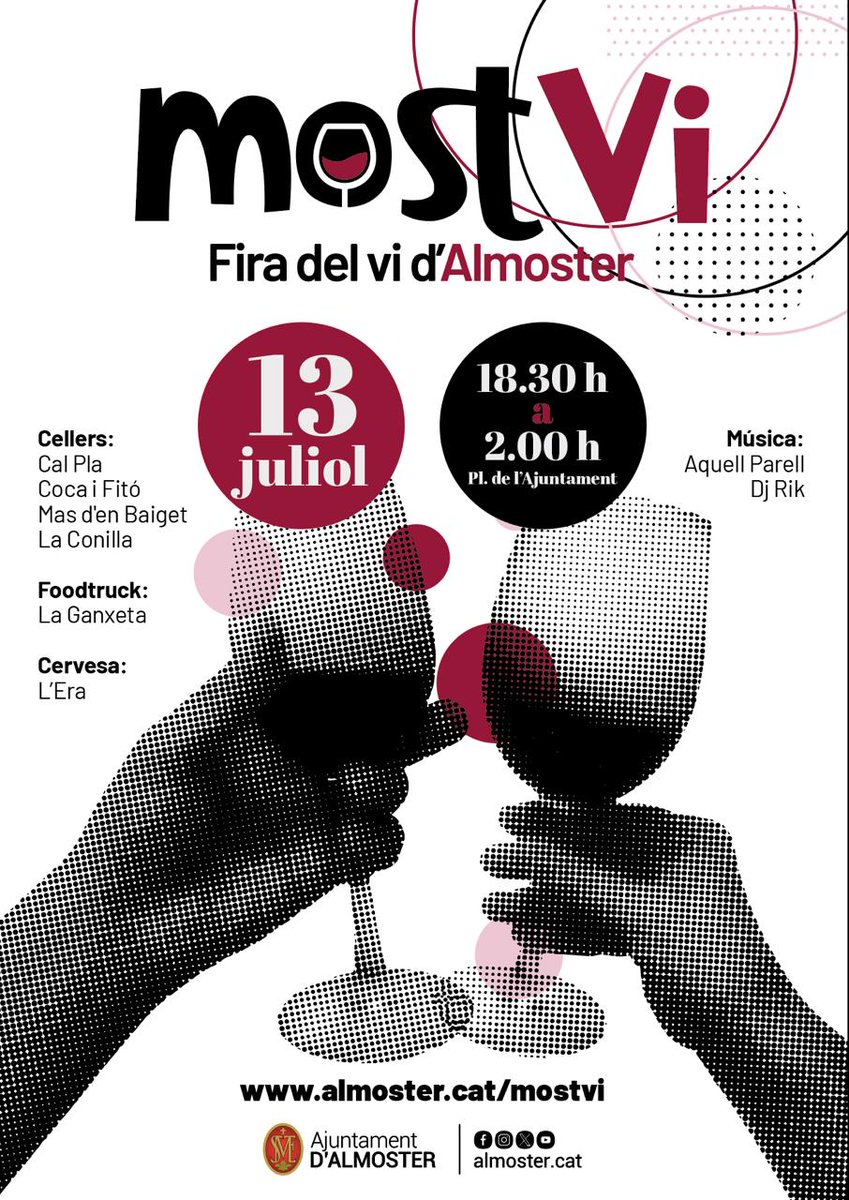 almoster_cat's tweet photo. 🍷 #MOSTVI | Aquest dissabte 13 de juliol no us perdeu la tercera edició del Mostvi, la fira del vi d'Almoster.
Serà a partir de les 18.30 hores a la plaça de l’ajuntament.
Us esperem a totes i tots!! https://t.co/tEVsWfMH6z
