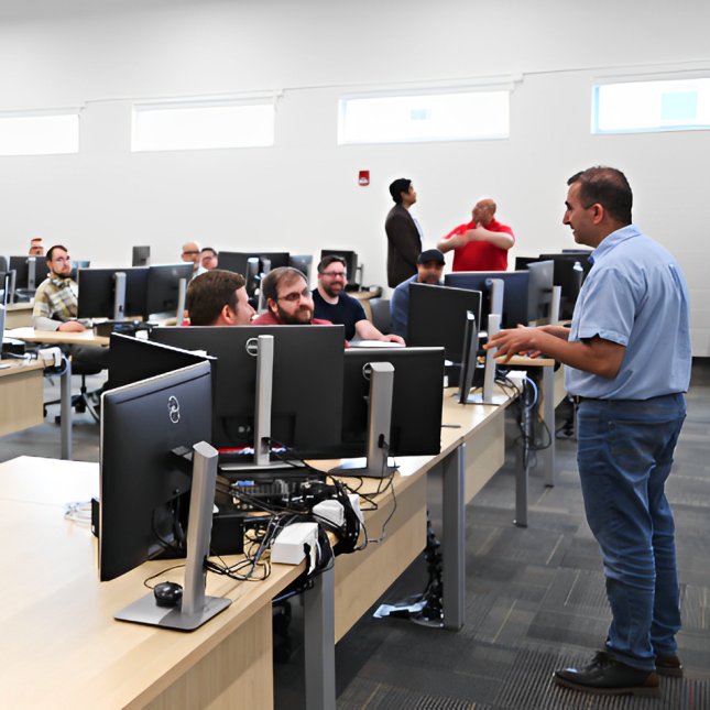 NSF Robotics and Advanced  Manufacturing RET participants learning and developing teaching modules  to take back to their high school and community college students in the  fall. Photos by Juthy Noor Mrittika