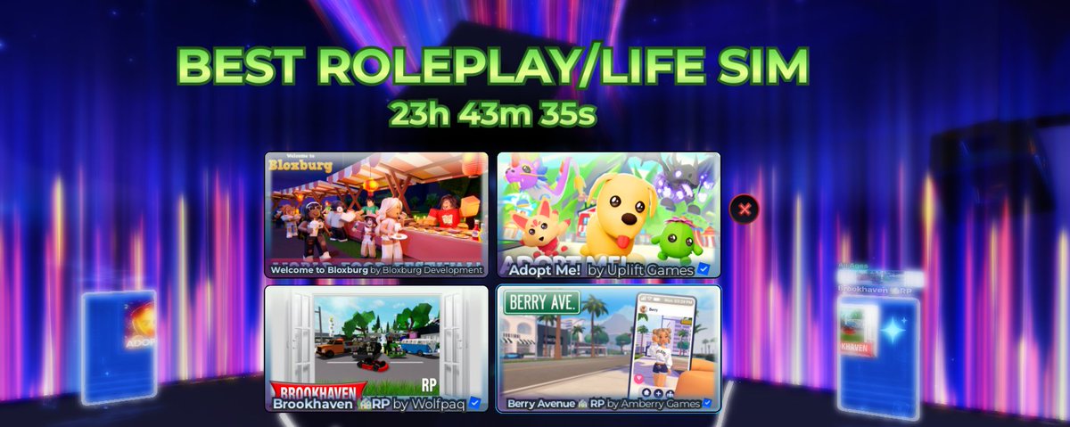 RoGameNews's tweet photo. 🗳INNOVATION AWARDS - 8th Category:

Best Roleplay/Life Sim 🤵
- 🐶 Adopt Me!
- 🏡 Berry Avenue
- 🏛️ Brookhaven
- 🚙 Welcome To Bloxburg

Vote Now (Voting Ends TOMMORROW 10AM PT): https://t.co/LXh7Qjewda

#RobloxDevs #RobloxDev #Roblox #RIA24 #RDC24 #Vote #BestRoleplay #Award https://t.co/TxDL2tIy2U