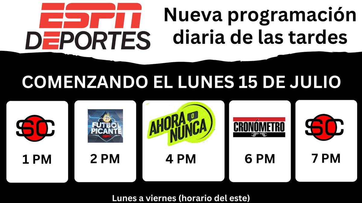 ESPN PR (@espnpr) on Twitter photo 📢 <a href="/ESPNDeportes/">ESPN Deportes</a> lanza nueva programación diaria con siete horas de noticias deportivas e info
<a href="/ahoraonuncaespn/">Ahora o Nunca ESPN</a> se expande a 2 horas, mezclando deportes con cultura pop y más
<a href="/ESPN_Cronometro/">Cronómetro</a> sigue, ahora de 1 hora
Más: bit.ly/3Wfiekq 📢 <a href="/ESPNDeportes/">ESPN Deportes</a> lanza nueva programación diaria con siete horas de noticias deportivas e info
<a href="/ahoraonuncaespn/">Ahora o Nunca ESPN</a> se expande a 2 horas, mezclando deportes con cultura pop y más
<a href="/ESPN_Cronometro/">Cronómetro</a> sigue, ahora de 1 hora
Más: bit.ly/3Wfiekq