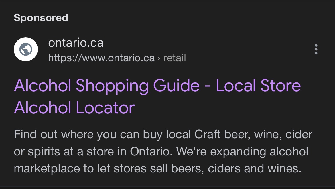 #ONpoli 

NEW:
Doug Ford government pre-arranged Google advertising for their new alcohol finder website. Yet another sign that they pre-planned the LCBO strike.