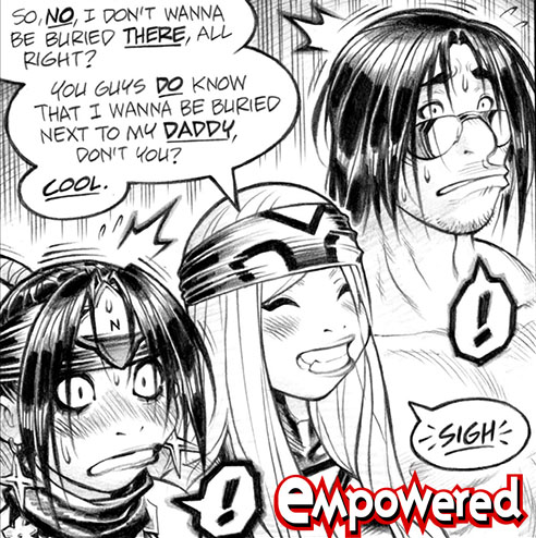 EmpoweredComic's tweet image. Today&apos;s EMPOWERED webcomic page wraps up serialization of 2009&apos;s one-shot THE WENCH WITH A MILLION SIGHS on a somewhat alarming note for Ninjette and Thugboy: empoweredcomic.com/comic/unchaine…