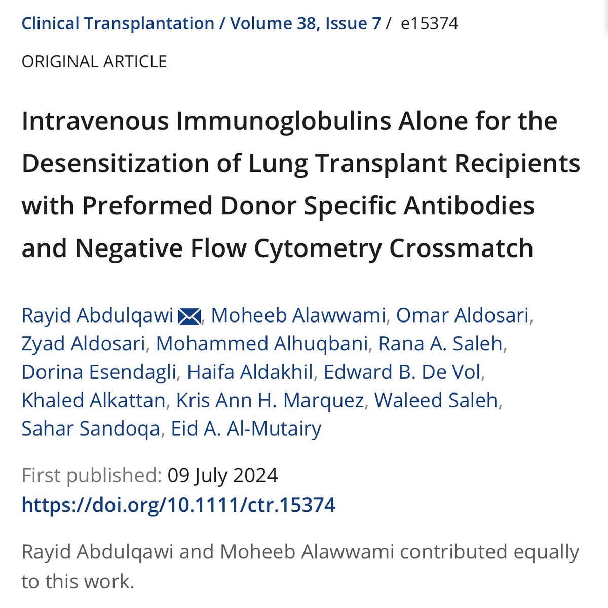 Excited to share our latest publication! 

Our study explores a single-center experience of administering IVIG alone to lung transplant recipients with preformed DSAs and negative FCXM.

onlinelibrary.wiley.com/doi/10.1111/ct…

Thanks to <a href="/drrayid/">Rayid Abdulqawi رائد عبدالقوي</a> for leading the project and the research team!