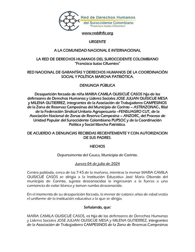 Reddhfic's tweet image. DENUNCIA PÚBLICA ||  DESAPARICIÓN FORZADA ||#Corinto #Cauca || 6 julio 2024.

Desaparición forzada de niña MARIA CAMILA QUISICUÉ CASOS hija de los defensores de DDHH y Líderes Sociales JOSE JULIAN QUISICUE MESA y MILENA GUTIERREZ, integrantes de la Asociación de Trabajadores
