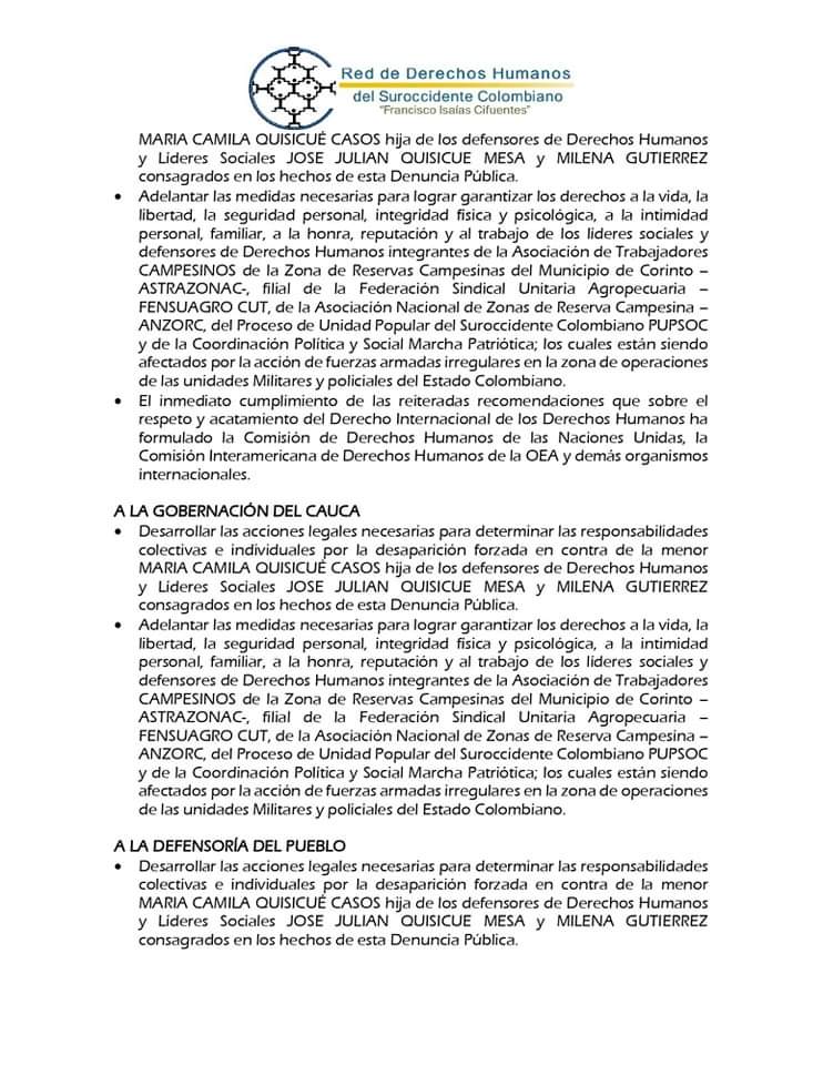 Reddhfic's tweet image. DENUNCIA PÚBLICA ||  DESAPARICIÓN FORZADA ||#Corinto #Cauca || 6 julio 2024.

Desaparición forzada de niña MARIA CAMILA QUISICUÉ CASOS hija de los defensores de DDHH y Líderes Sociales JOSE JULIAN QUISICUE MESA y MILENA GUTIERREZ, integrantes de la Asociación de Trabajadores