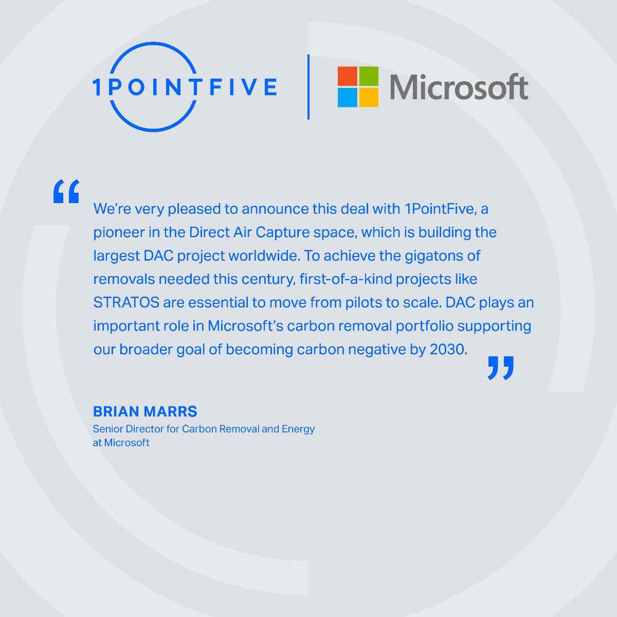 We’re excited to announce our agreement with <a href="/Microsoft/">Microsoft</a> and their commitment to purchase 500,000 tonnes of carbon dioxide removal credits (CDRs) enabled by STRATOS, our first Direct Air Capture (DAC) facility currently under construction. brnw.ch/21wLceF