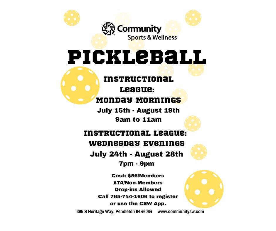 New Instructional pickleball leagues begin again in July at CSW!
Great way to learn league play for beginners or for those who have never played in a league.
Register by calling 765-744-1606 or use the CSW app.
#cswfindyourfit
communitysw.com